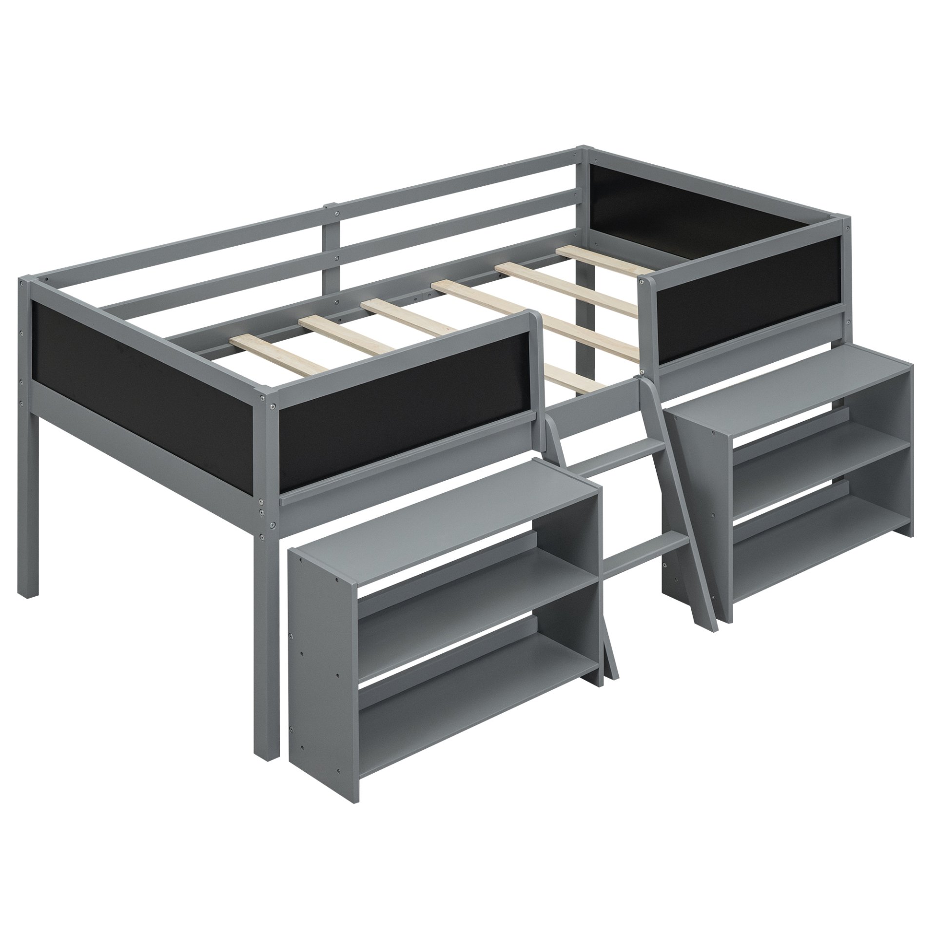 Twin Size Low Loft Bed With Movable Shelves And Ladder, Decorative Chalkboard Guardrail - Gray - Image 8