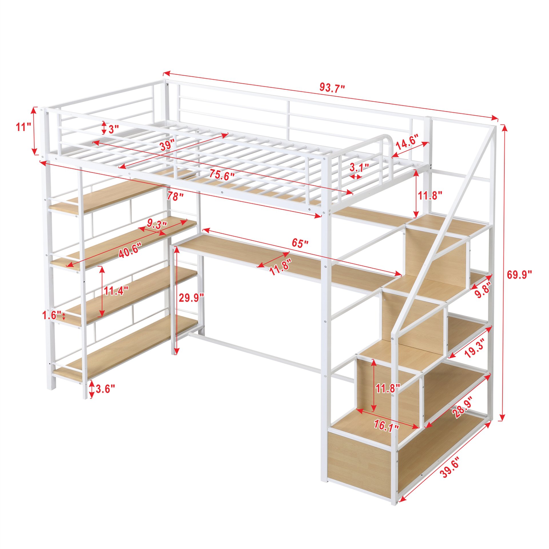 Twin Size Loft Bed With Built In Desk, Staircase Storage & 4 Tier Shelves - White - Image 3