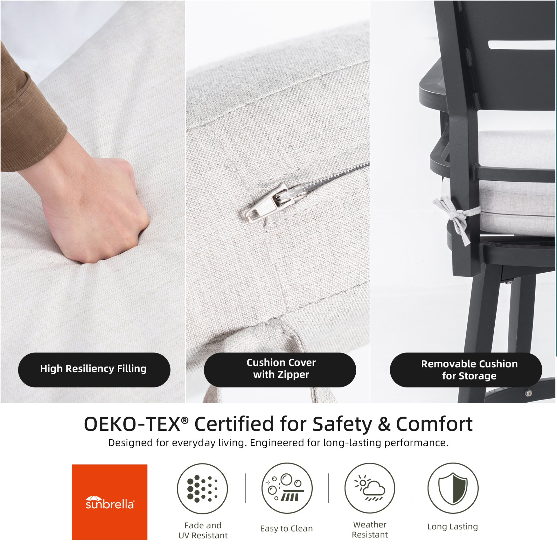 Modern Outdoor Swivel Bar Chairs, 360 Degree Rotation, Ergonomic Backrest, Armrests & Sunbrella Cushions, Weather Resistant (Set of 2) - Ember Black - Image 10