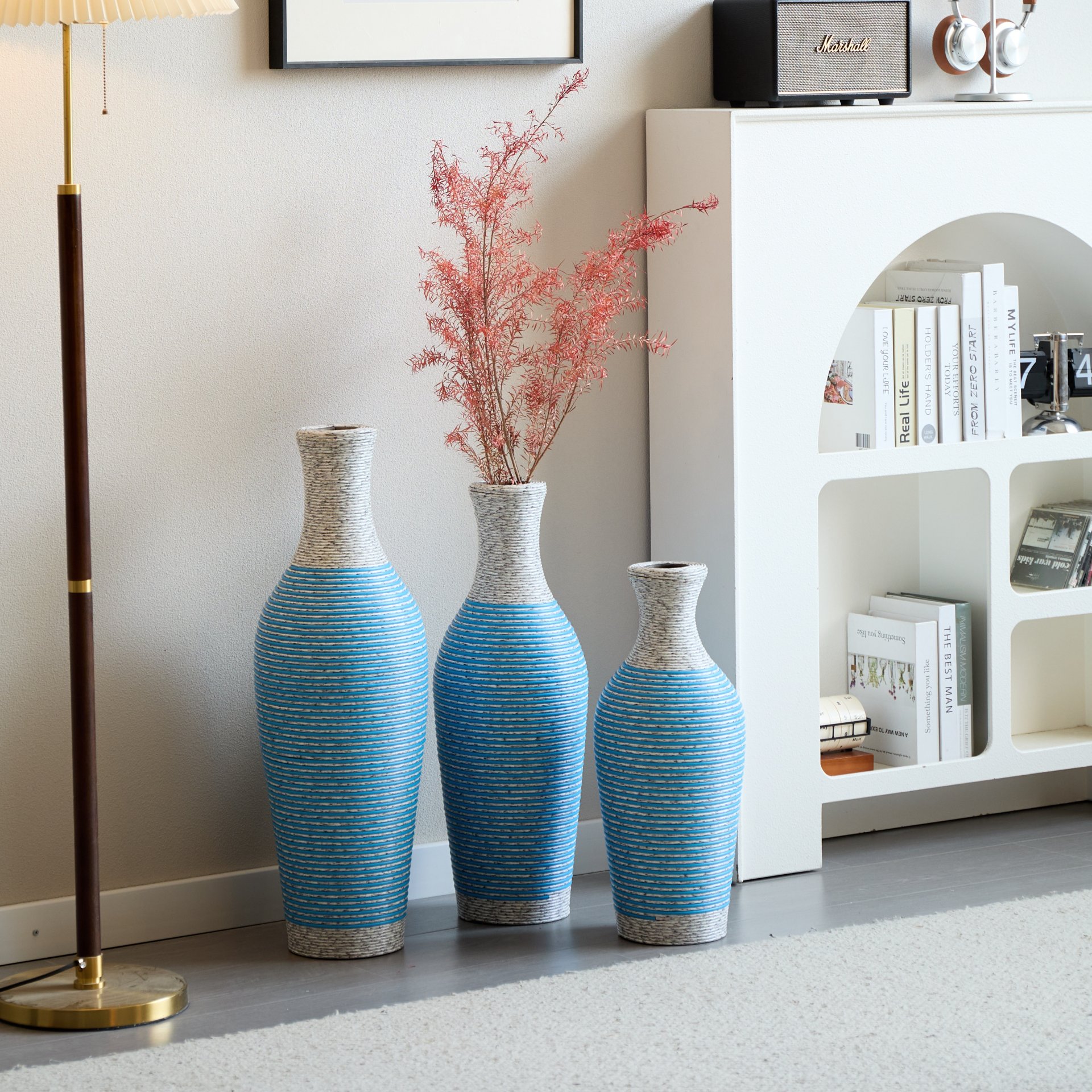 Desktop Vase, Classic And Neat Floor Vase, High Independent Flower Stand, Home Decoration Flower Stand (Set of 3) - White / Blue - Image 20