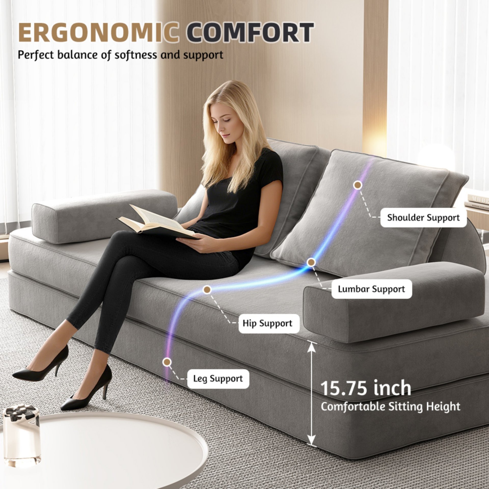 Multifunctional Convertible Sofa Bed With 2 Tumbler Backrests And 2 Pillows, Diy Modern Upholstered Couch - Light Gray - Image 15