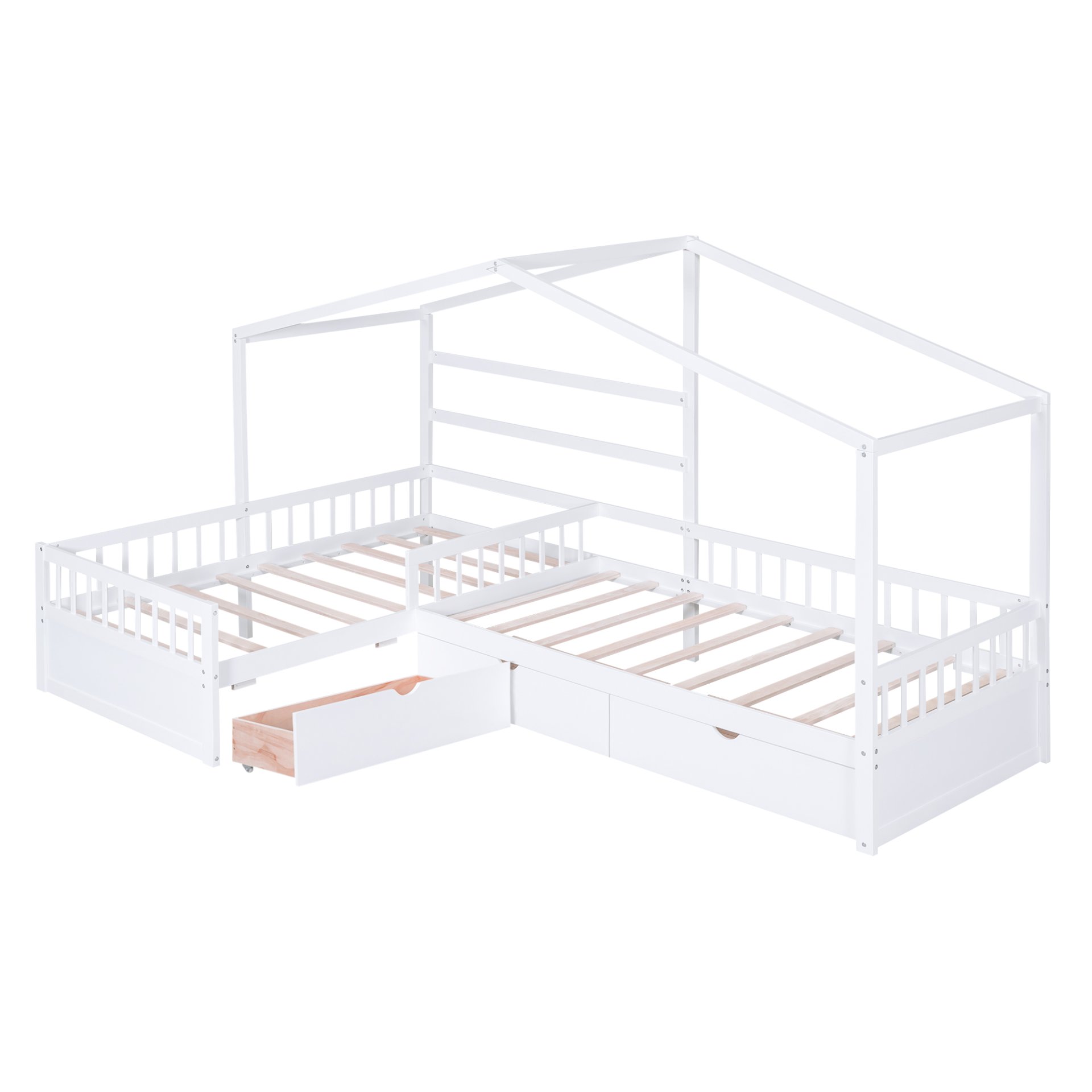 L-Shape Twin Platform Bed With 3 Storage Drawers - White - Image 6
