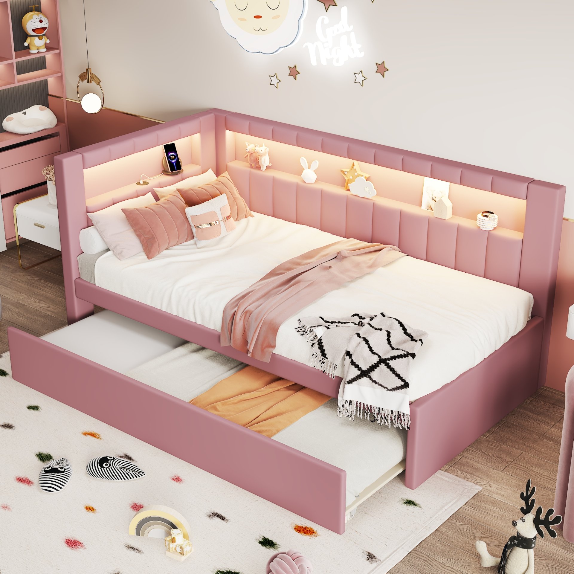 Twin Upholstered Platform Bed With USB Ports And LED Belt, Includes Trundle - Pink - Image 4