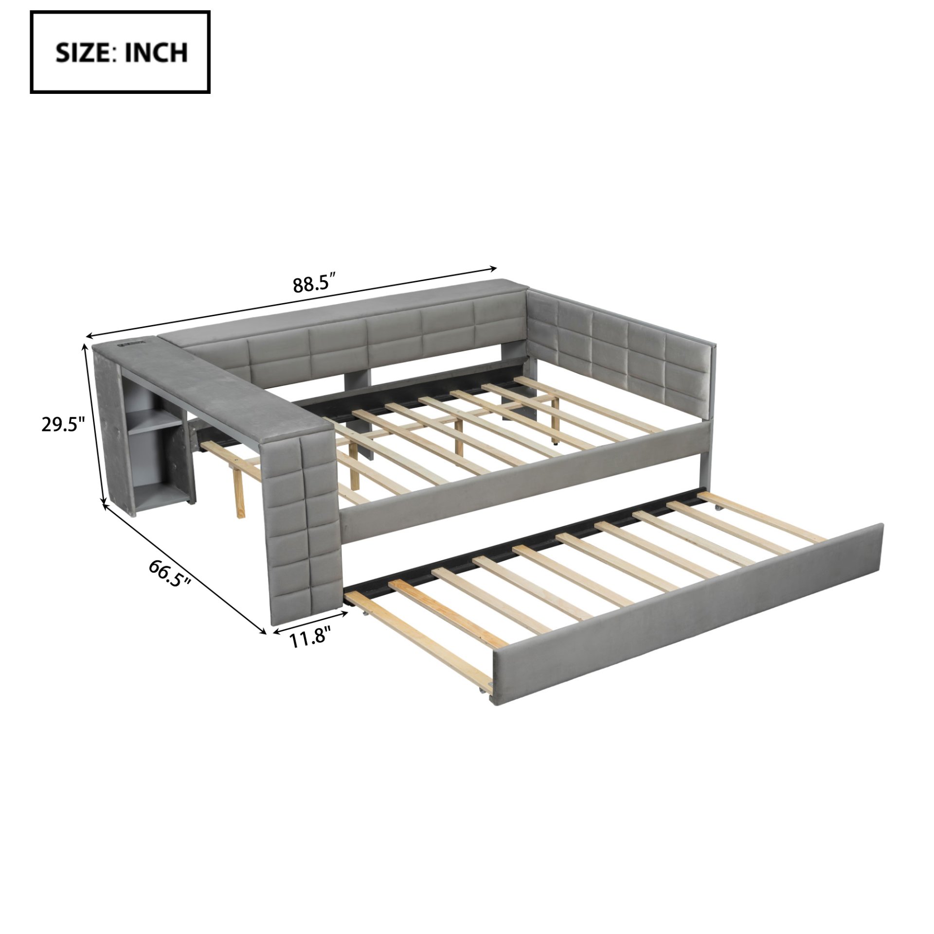 Upholstered Full Size Platform Bed With Storage Shelves, Desk, Charging Station And Trundle - Gray - Image 3