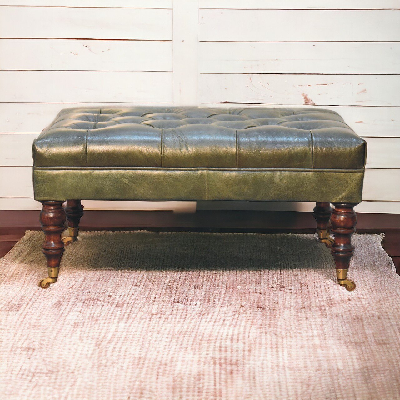 Buffalo - Leather Ottoman With Castor Legs - Green - Image 9