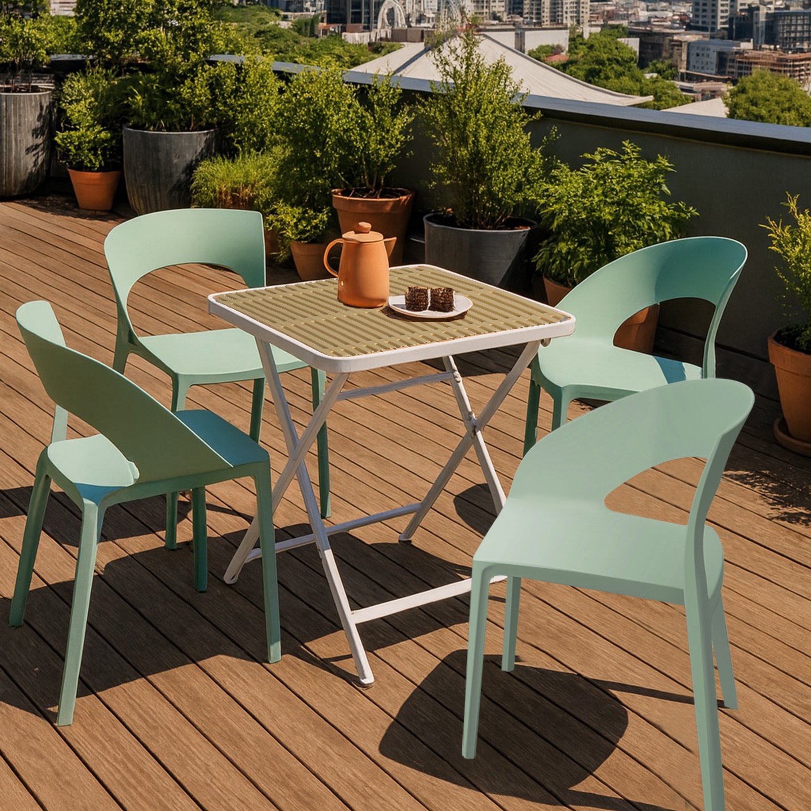 4 Piece Set Of Color Block Designed Single Chairs & Folding Square Table - Haze Green / Khaki / White - Image 2