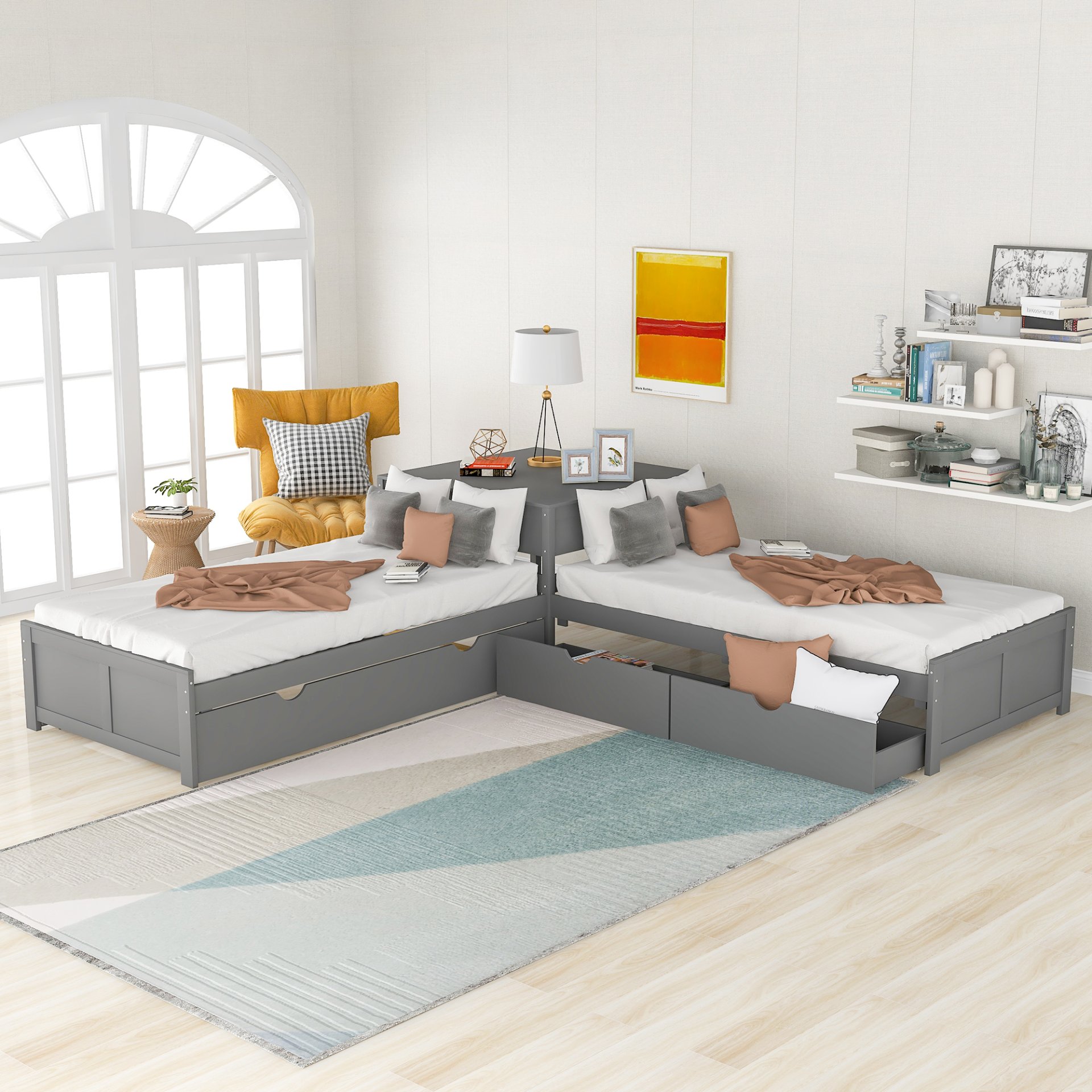L-Shaped Platform Bed With Trundle And Drawers Linked With Built In Desk, Twin - Gray - Image 2