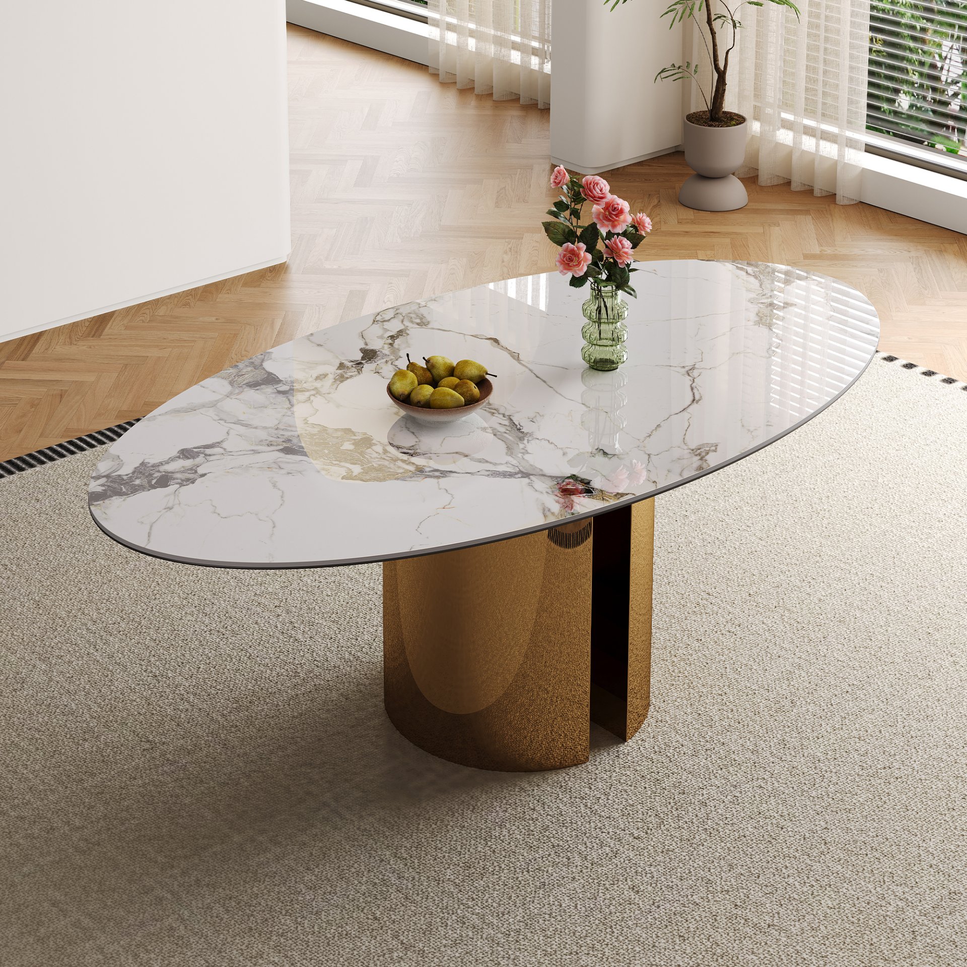 Oval Sintered Stone Dining Table With 4 Chairs - Brown / White - Image 11