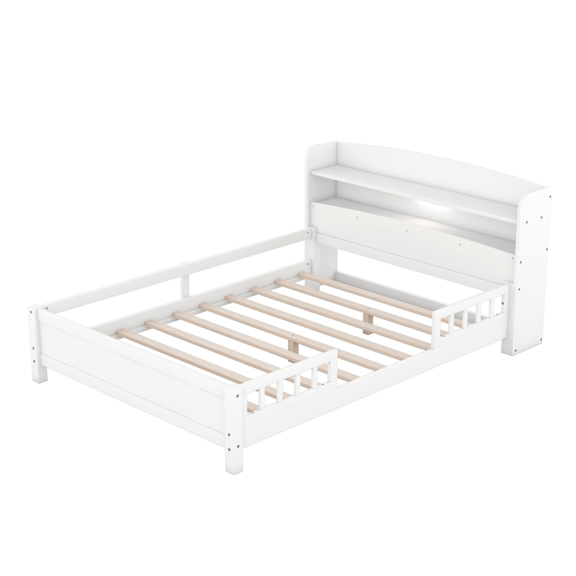 Full Size Platform Bed With LED Light, Storage Headboard And Guardrail - White - Image 10