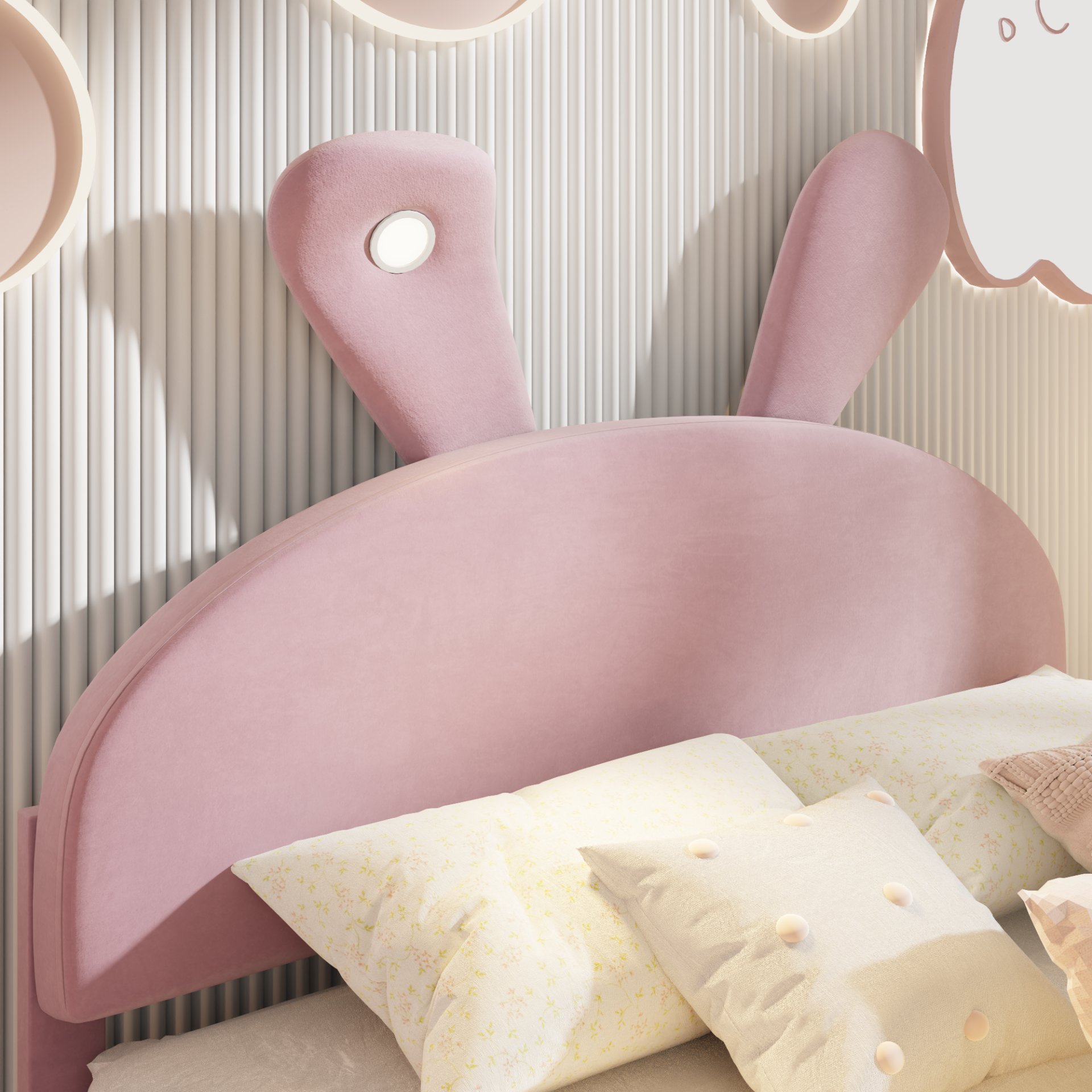 Full Size Upholstered Platform Bed With Cartoon Ears Headboard And Built In LED Light - Pink - Image 8