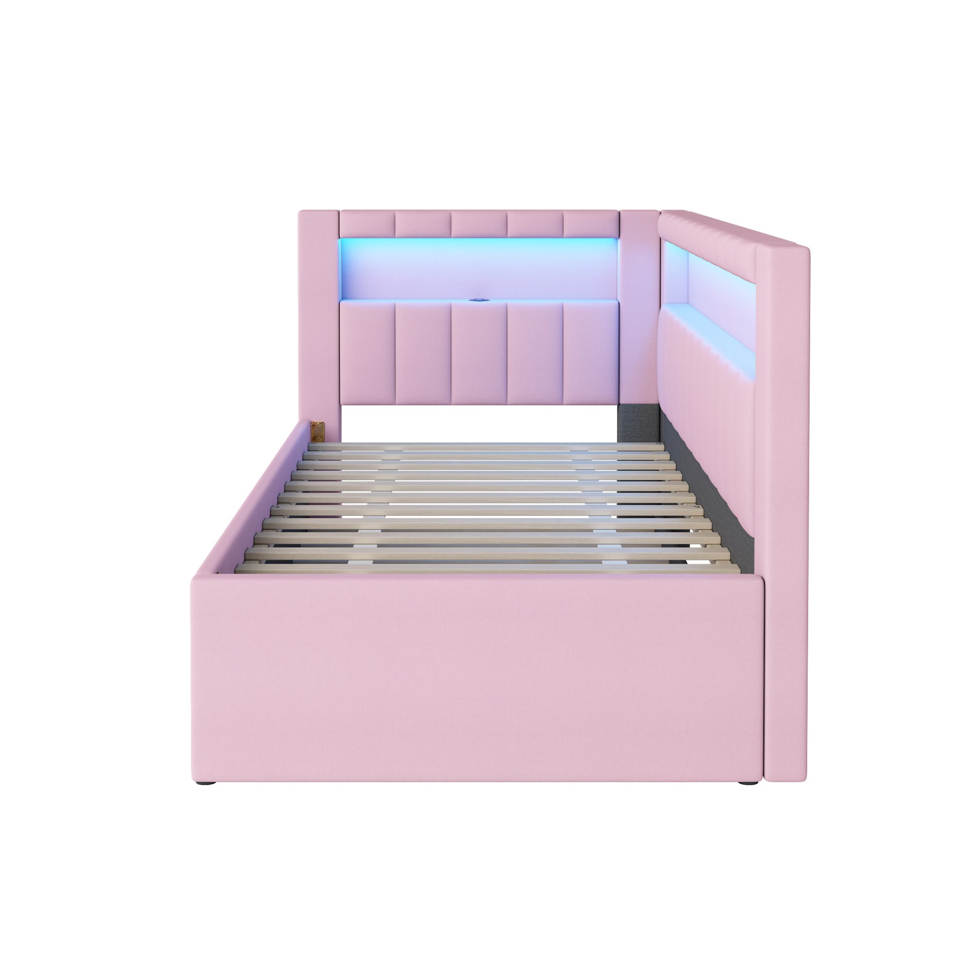 Twin Upholstered Platform Bed With USB Ports And LED Belt, Includes Trundle - Pink - Image 13