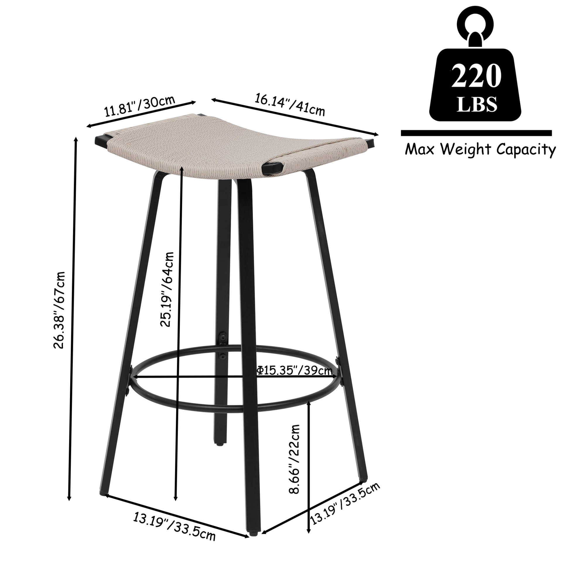 Counter Height Bar Stools Backless Handwoven Kitchen Dining Chairs With Round Footrest (Set of 2) Weaving Pub Stoo - Creamy White - Image 3