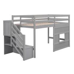 Twin Size Loft Bed With Storage Staircase, Window & LED Light - Gray