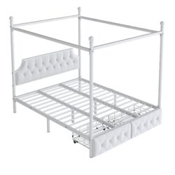 Canopy Platform Bed With Upholstered Headboard And 2 Storage Drawers - White