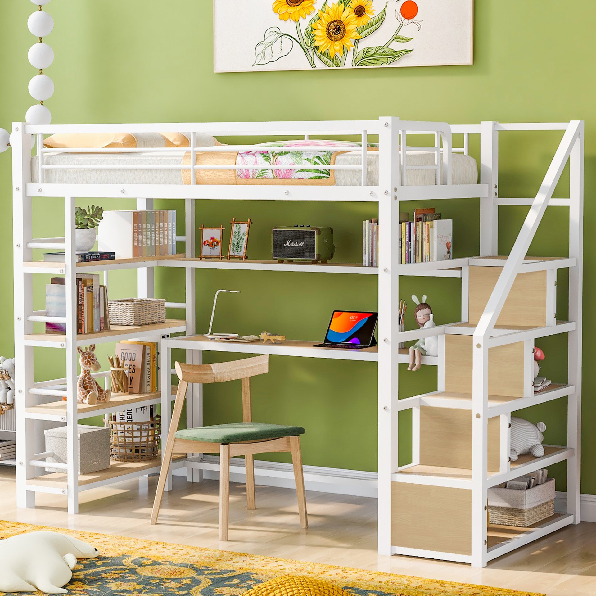 Twin Size Loft Bed With Built In Desk, Staircase Storage & 4 Tier Shelves - White - Image 2
