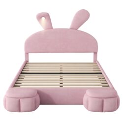 Full Size Upholstered Platform Bed With Cartoon Ears Headboard And Built In LED Light - Pink