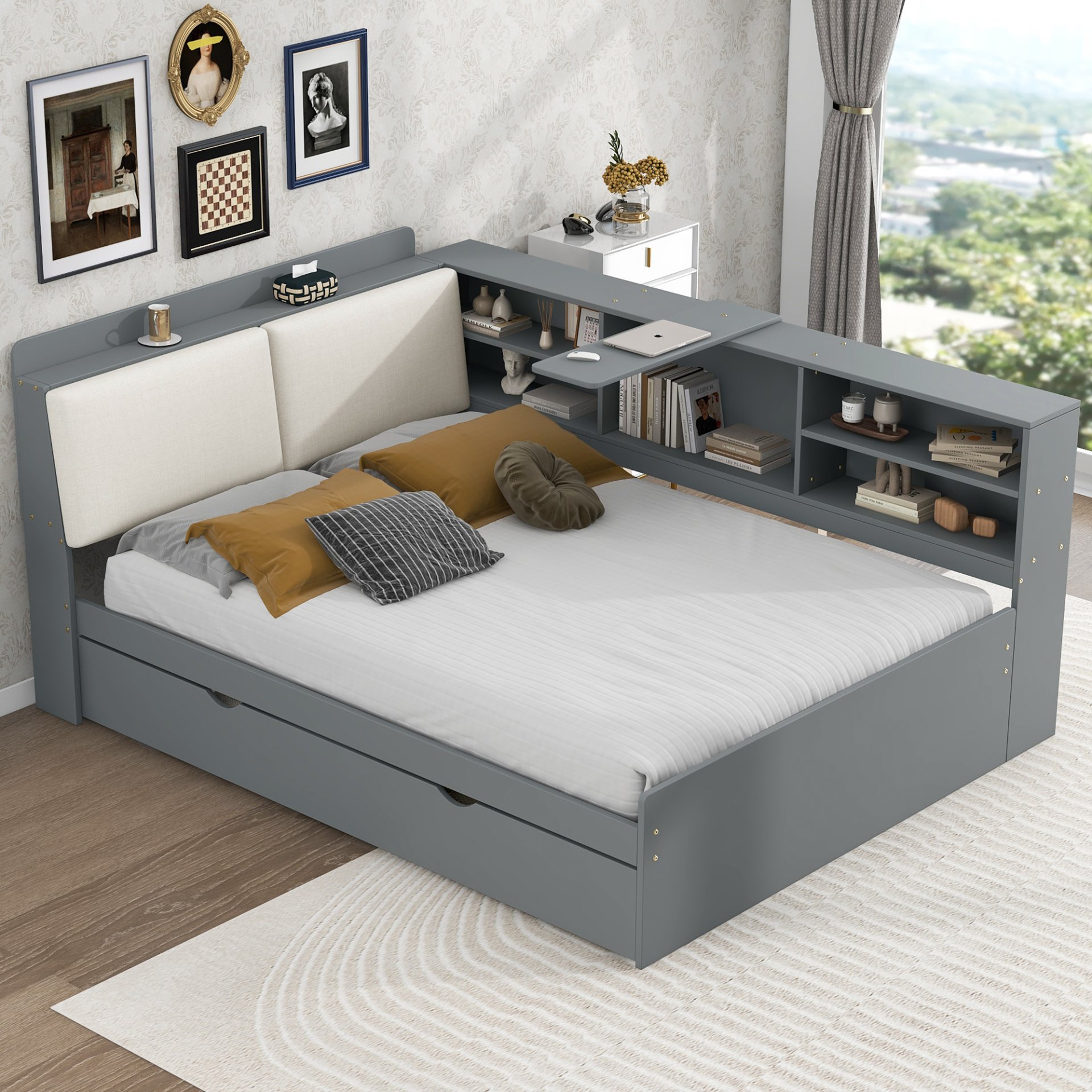Full Size Platform Bed With Trundle, Shelves, And Storage Headboard - Gray - Image 5