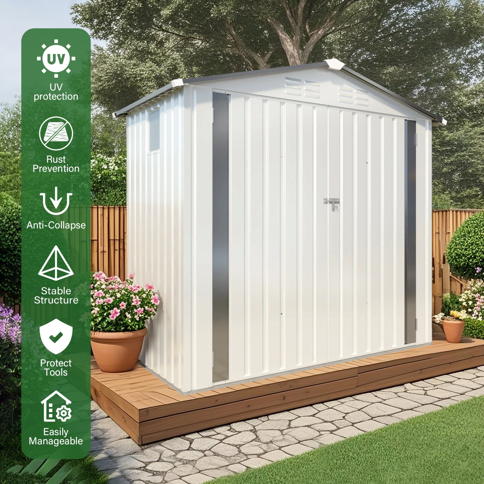 Garden Tool Shed, Storage Shed With Peaked Roof Waterproof Lockable Door - White / Gray - Image 10