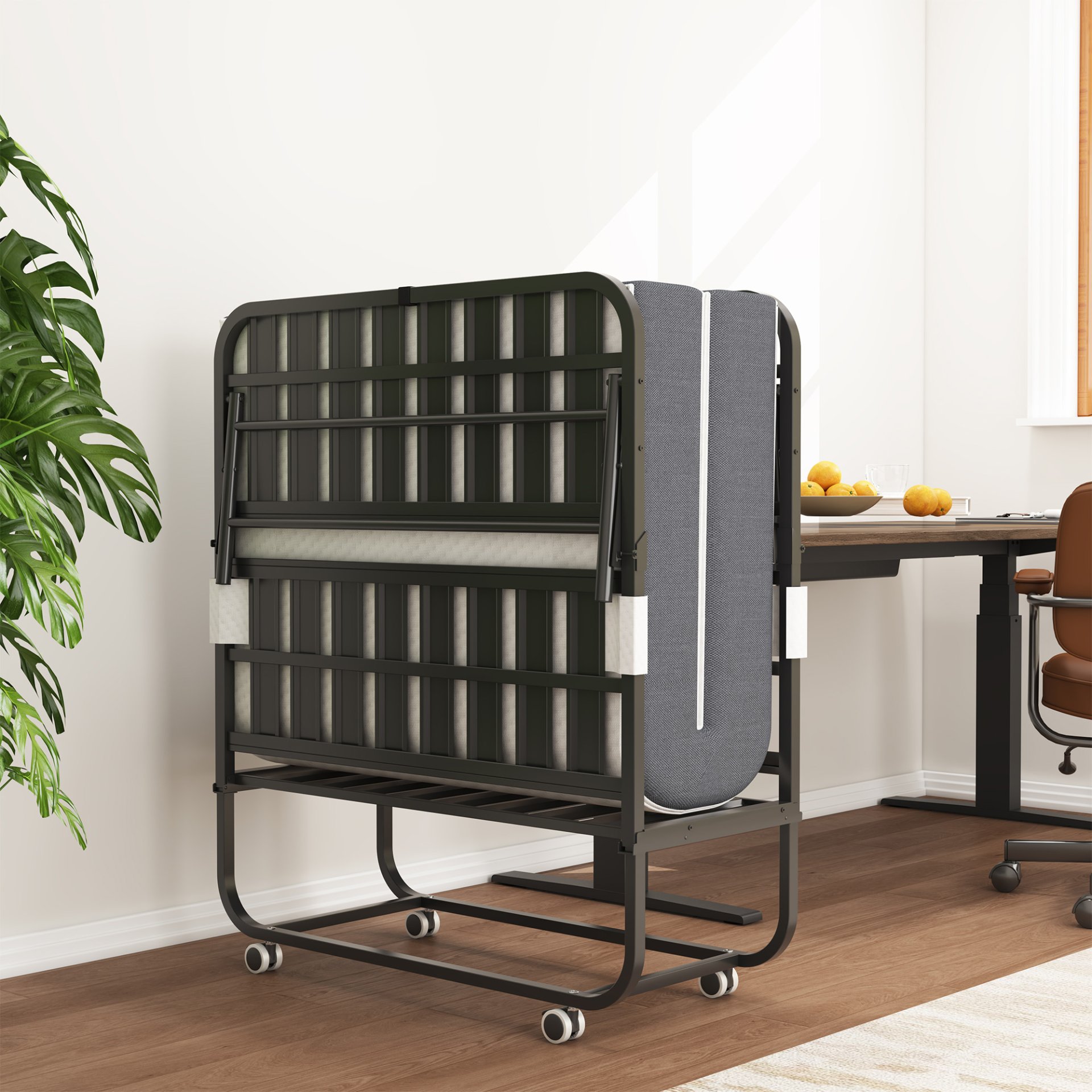 Twin Folding Bed With Memory Foam Mattress Portable Rollaway Bed Sturdy Metal Frame - Brushed Nickel - Image 2