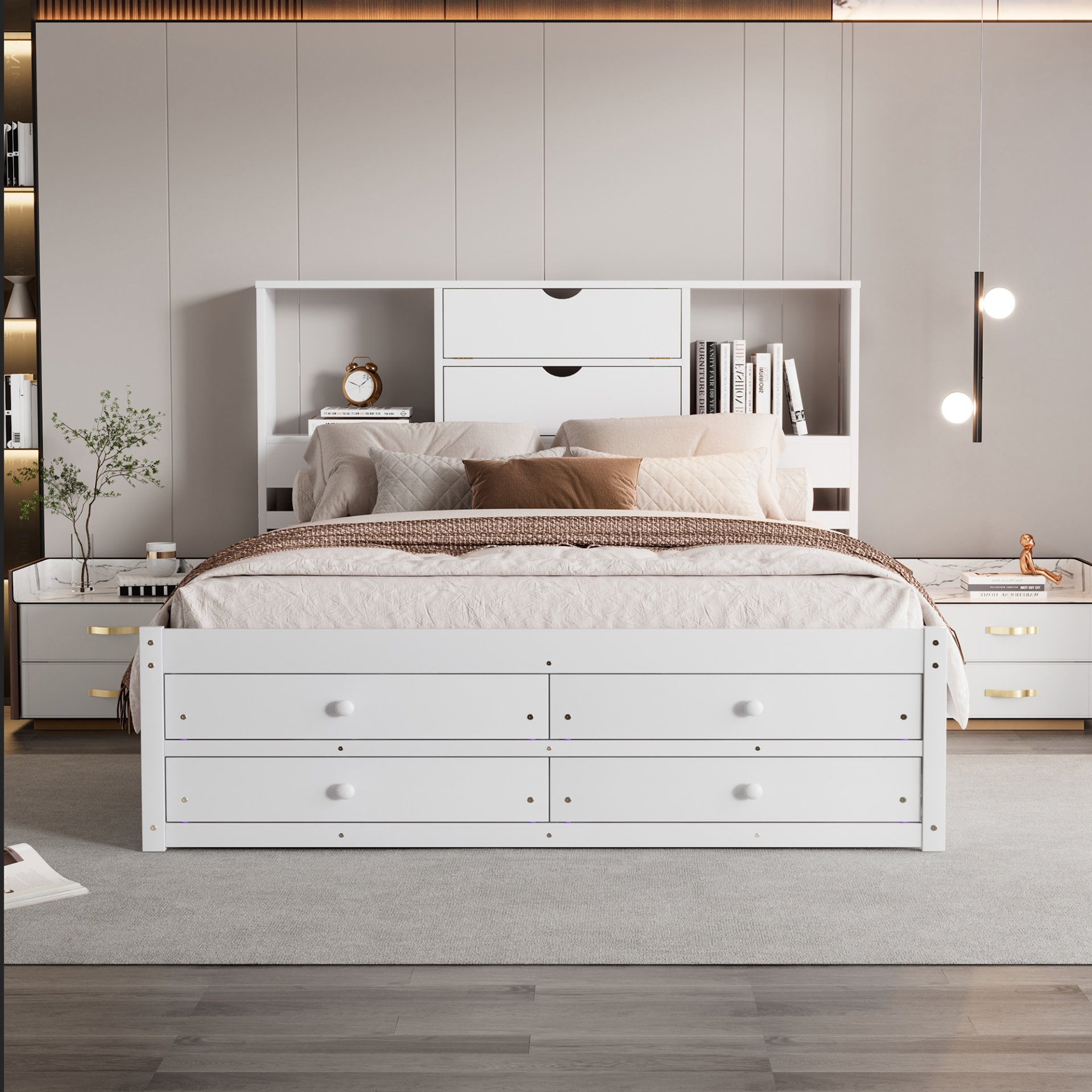 Queen Size Platform Bed With Storage Headboard And 8 Drawers - White - Image 5