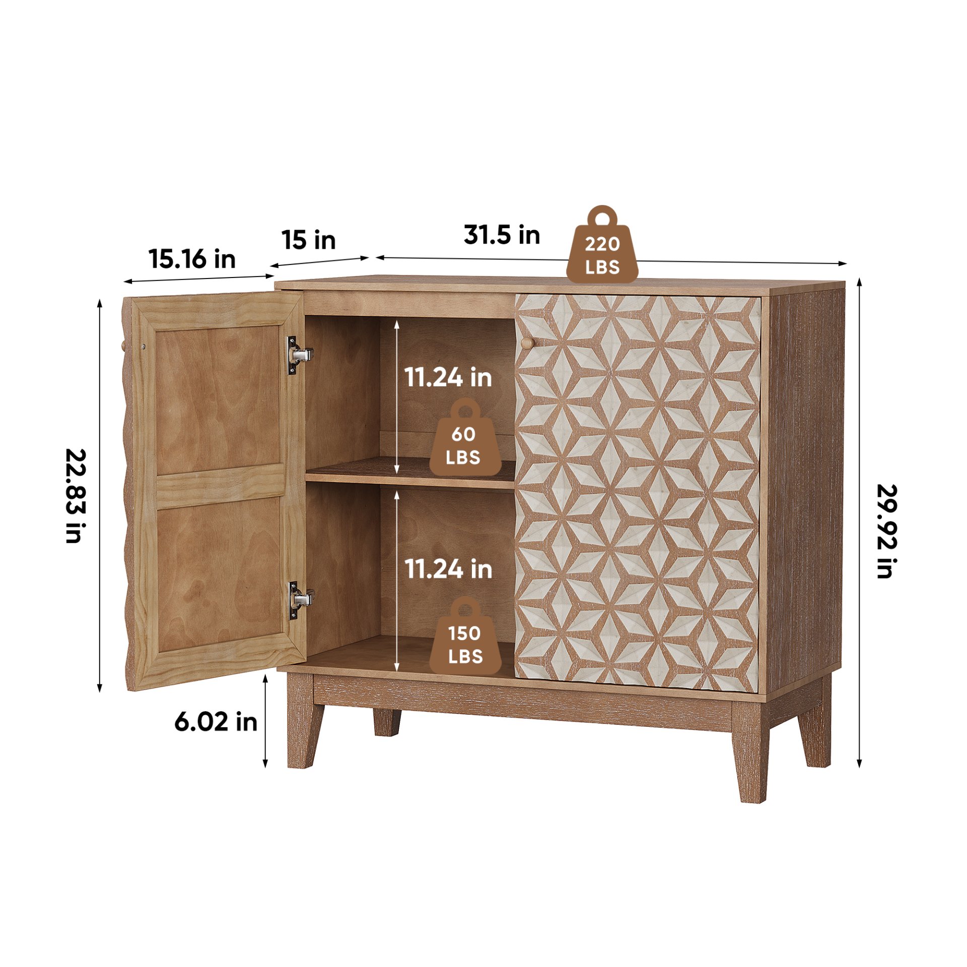 Geometric Design Sideboard With 2 Doors And Adjustable Shelves - Tangerine / Walnut - Image 3