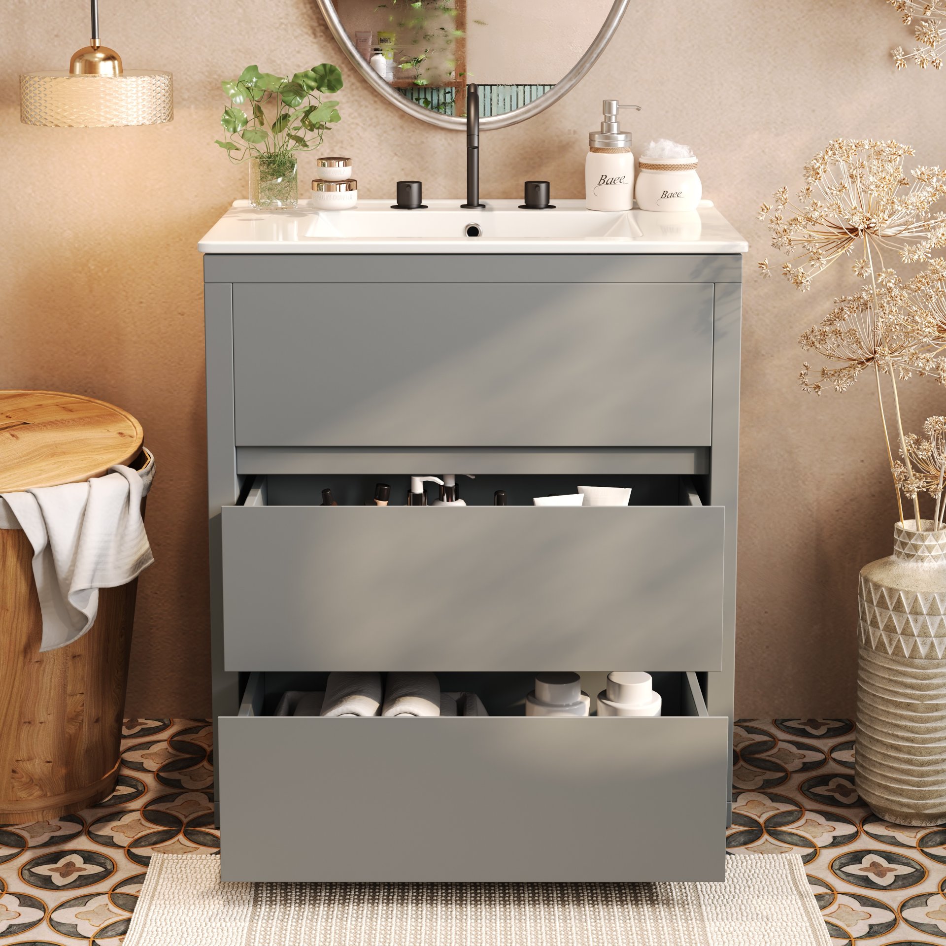 Freestanding Bathroom Vanity With Sink, 2 Full Extension Drawers, Soft Close Slides - Gray - Image 5