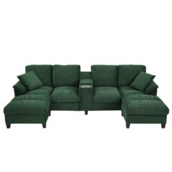 U-Shaped Sectional Sofa, Hidden Storage Ottomans, USB Ports, And Cup Holders - Green