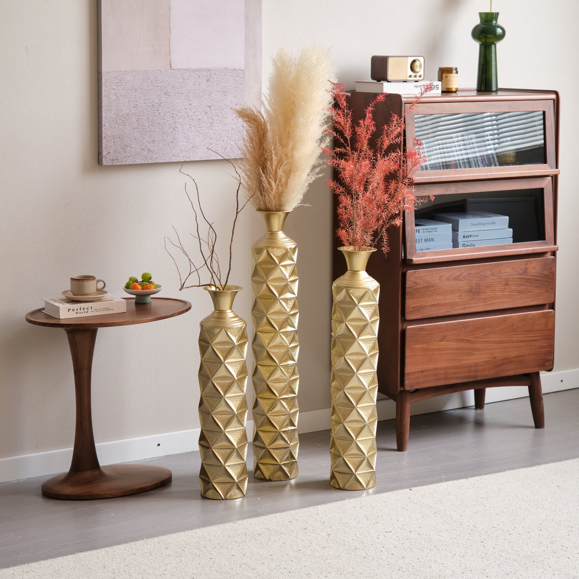 Metal Decorative Vase High Distress Metal Center Vase With 3D Triangle Pattern, (Set of 3) Vases For Home Decoration - Gold - Image 11