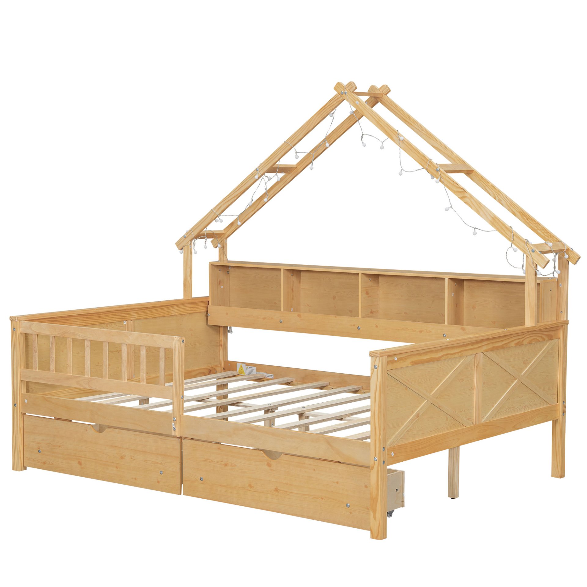 House Style Full Size Platform Bed With LED Lights, Storage Shelves, Drawers, And Guardrail - Natural - Image 14