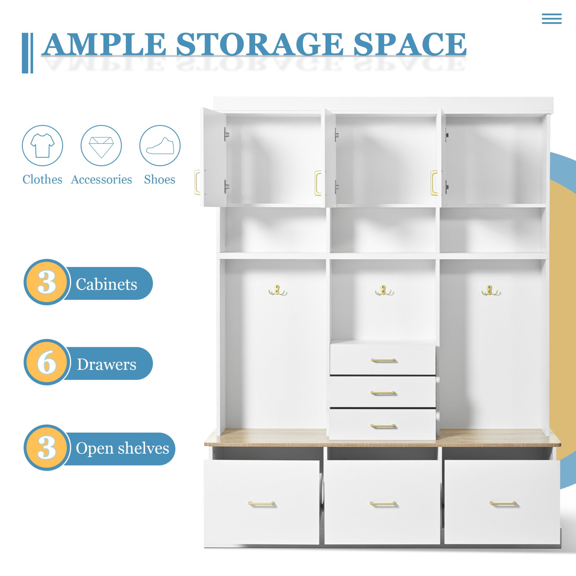 Entryway Hall Tree With Bench And Storage, 5 In 1 Coat Rack, 6 Drawers, 3 Cabinets And 3 Tier Top Storage - White - Image 5