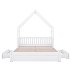 House Style Queen Size Platform Bed With Guardrail And 2 Drawers - White