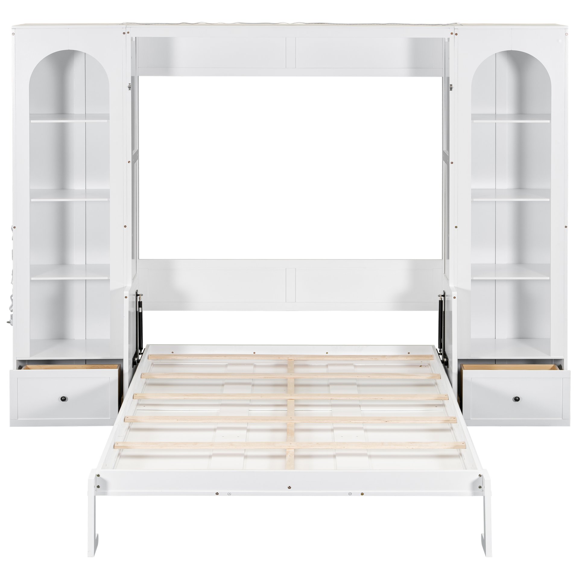 Queen Size Murphy Platform Bed With Shelf, Side Cabinets, Drawers And LED - White - Image 15