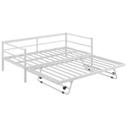 Industrial Twin Daybed With LED Light And Pop Up Trundle, Adjustable Support Frame - White