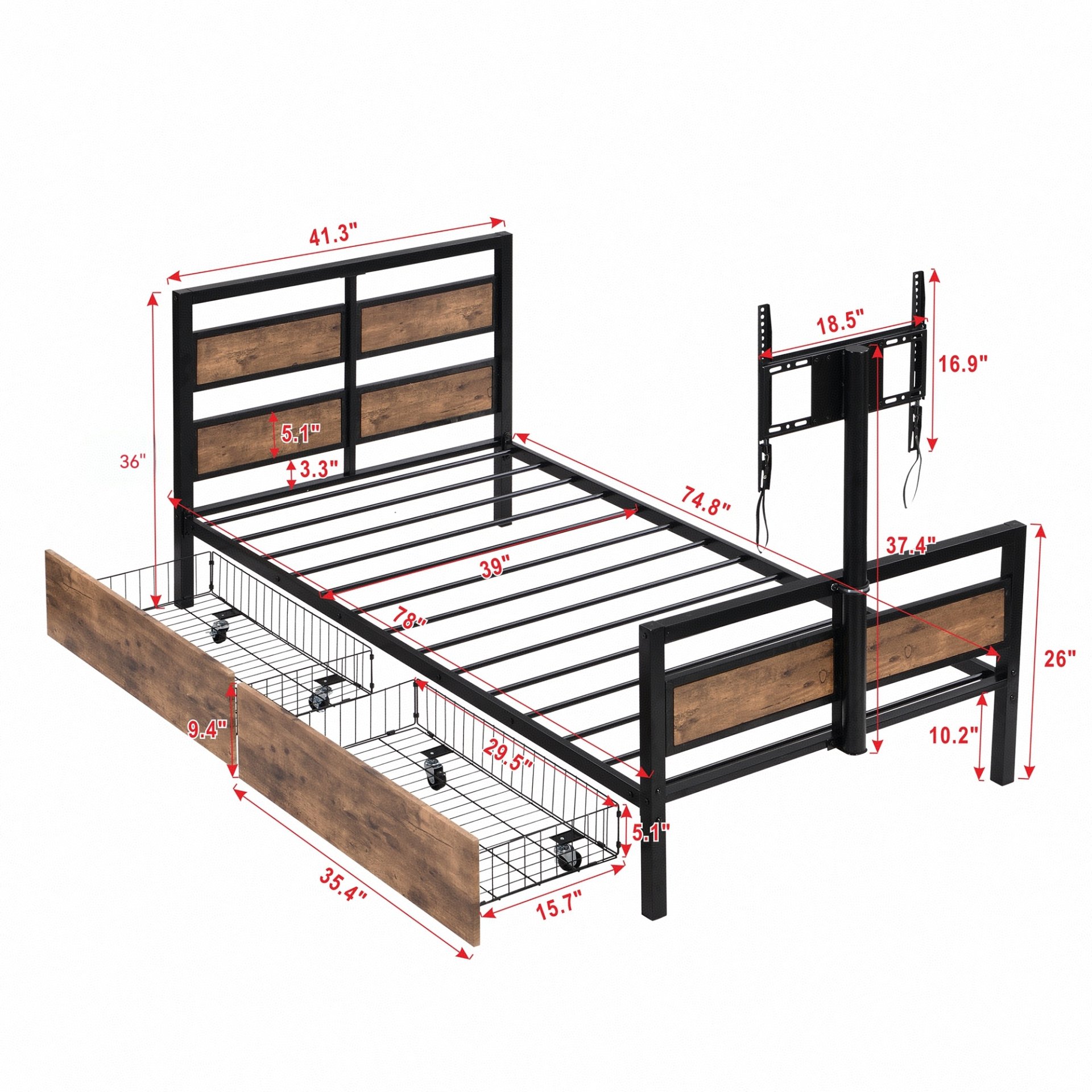 Twin Size Platform Bed With Headboard And Footboard, 2 Storage Drawers And Rotatable TV Stand - Black - Image 3