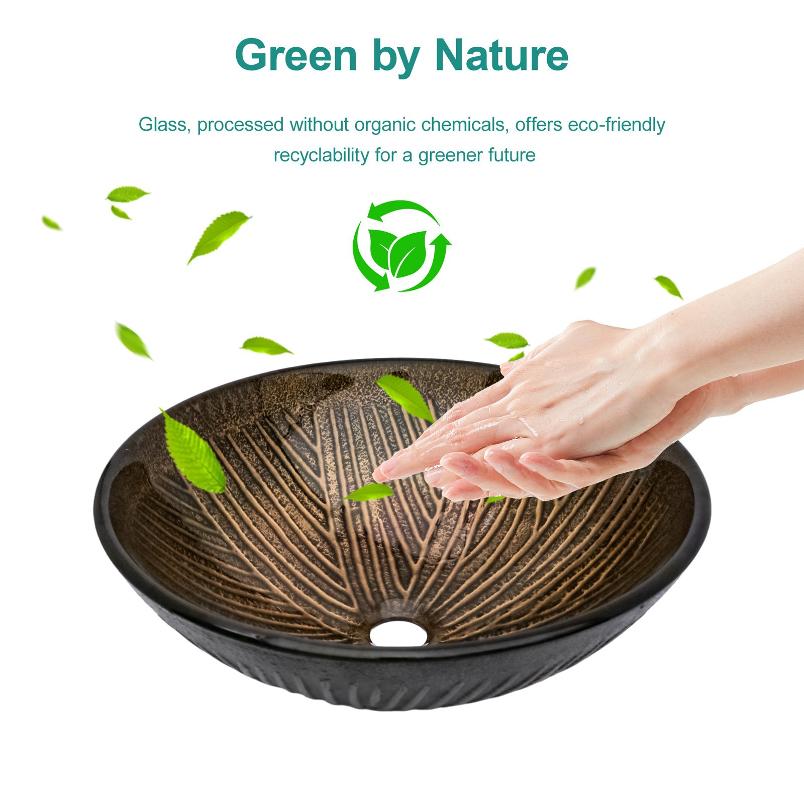 Feather Pattern Amber Vessel Sink With Pop Up Drain, Oval Bathroom Basin - Amber - Image 4