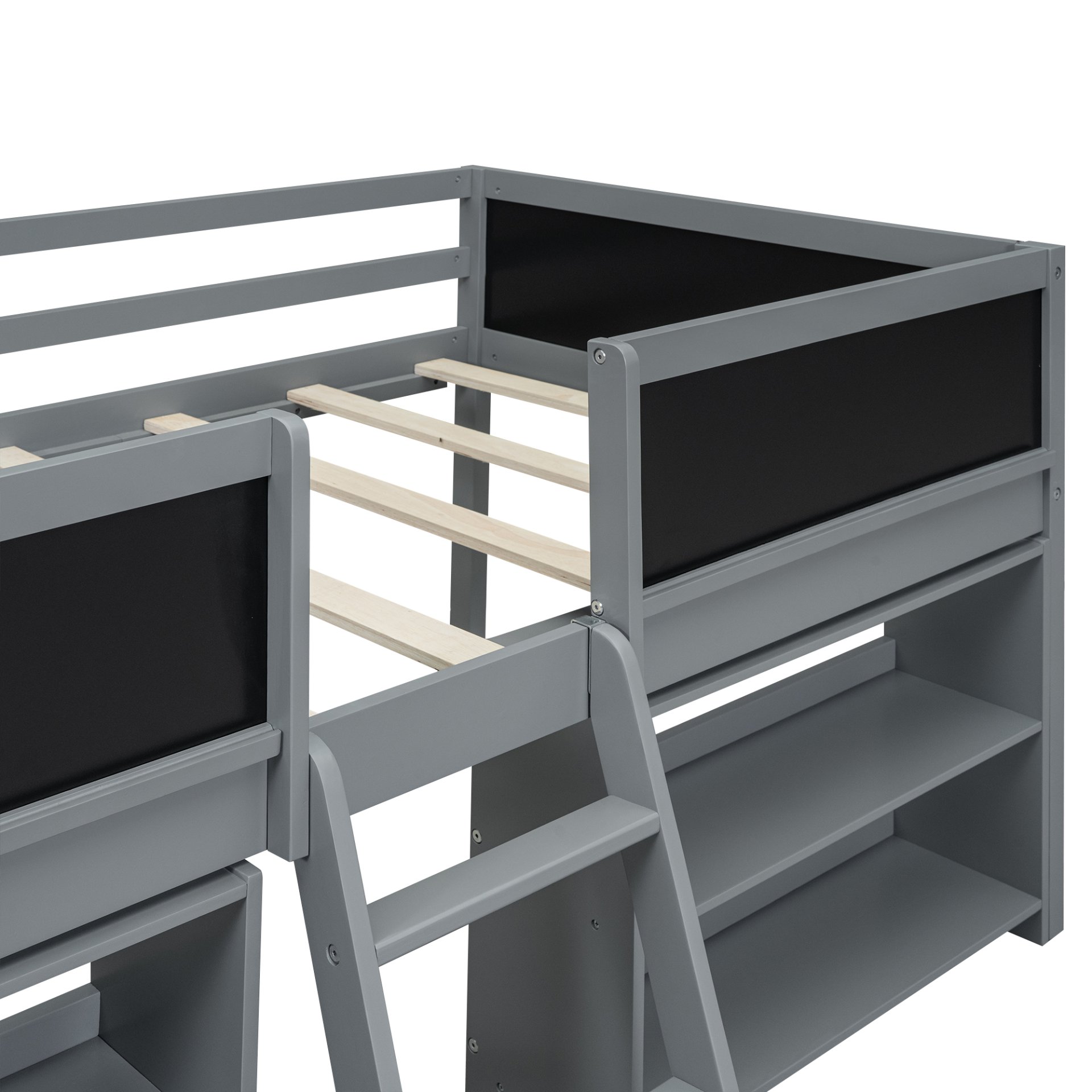 Twin Size Low Loft Bed With Movable Shelves And Ladder, Decorative Chalkboard Guardrail - Gray - Image 10