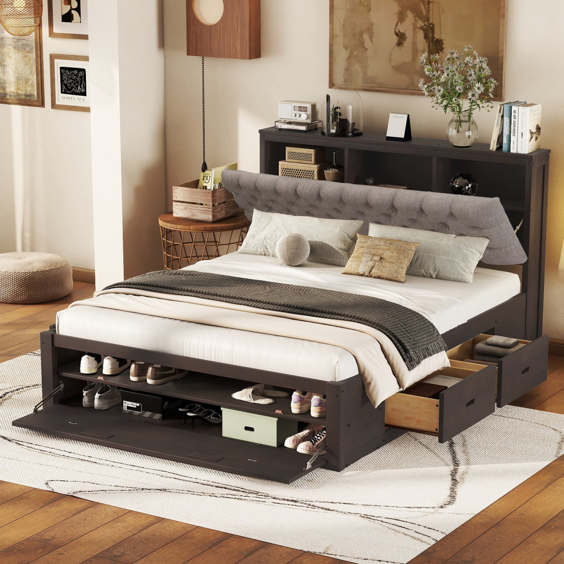 Queen Size Platform Bed With Storage Headboard, Shoe Rack And 4 Drawers - Espresso - Image 2