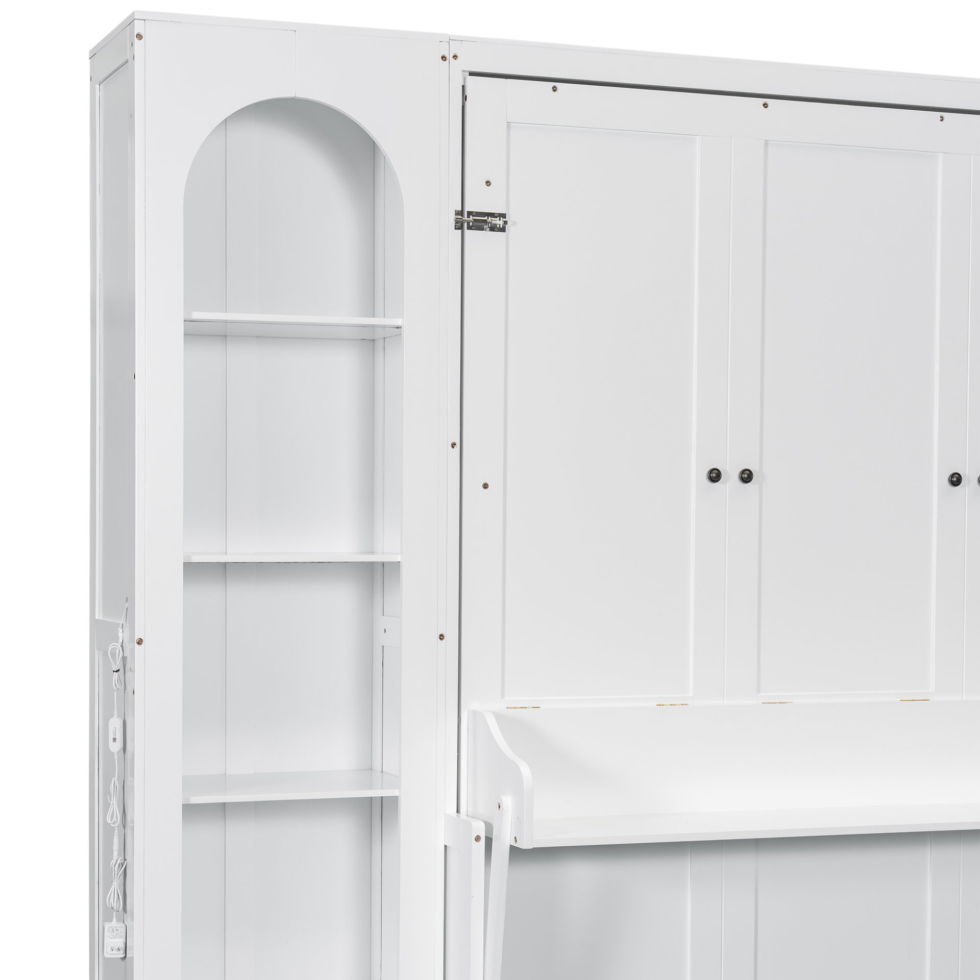 Queen Size Murphy Platform Bed With Shelf, Side Cabinets, Drawers And LED - White - Image 11