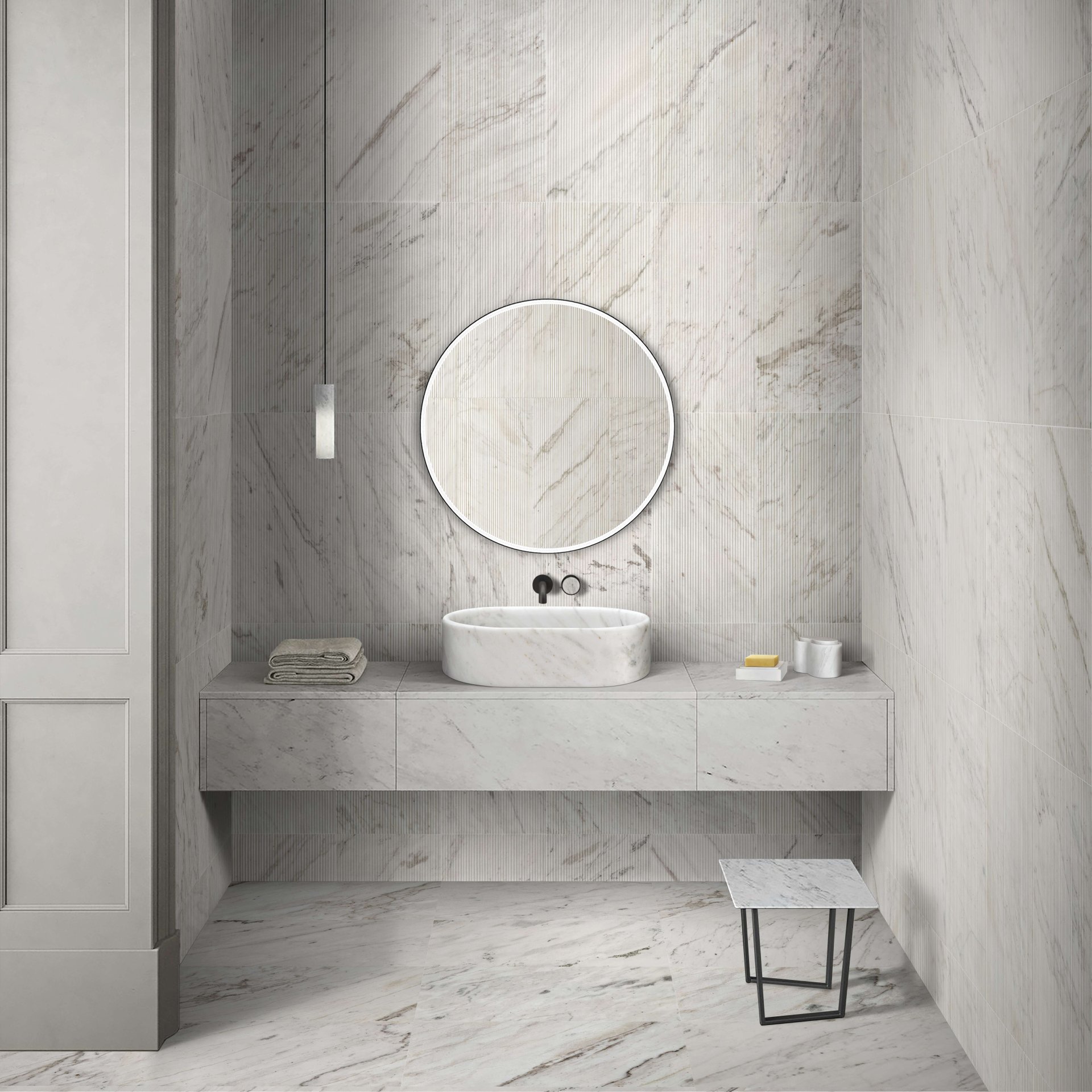 Vessel Sink, Semi Polished Surface, Genuine Real Marble, Oval Shape - White / Natural - Image 3