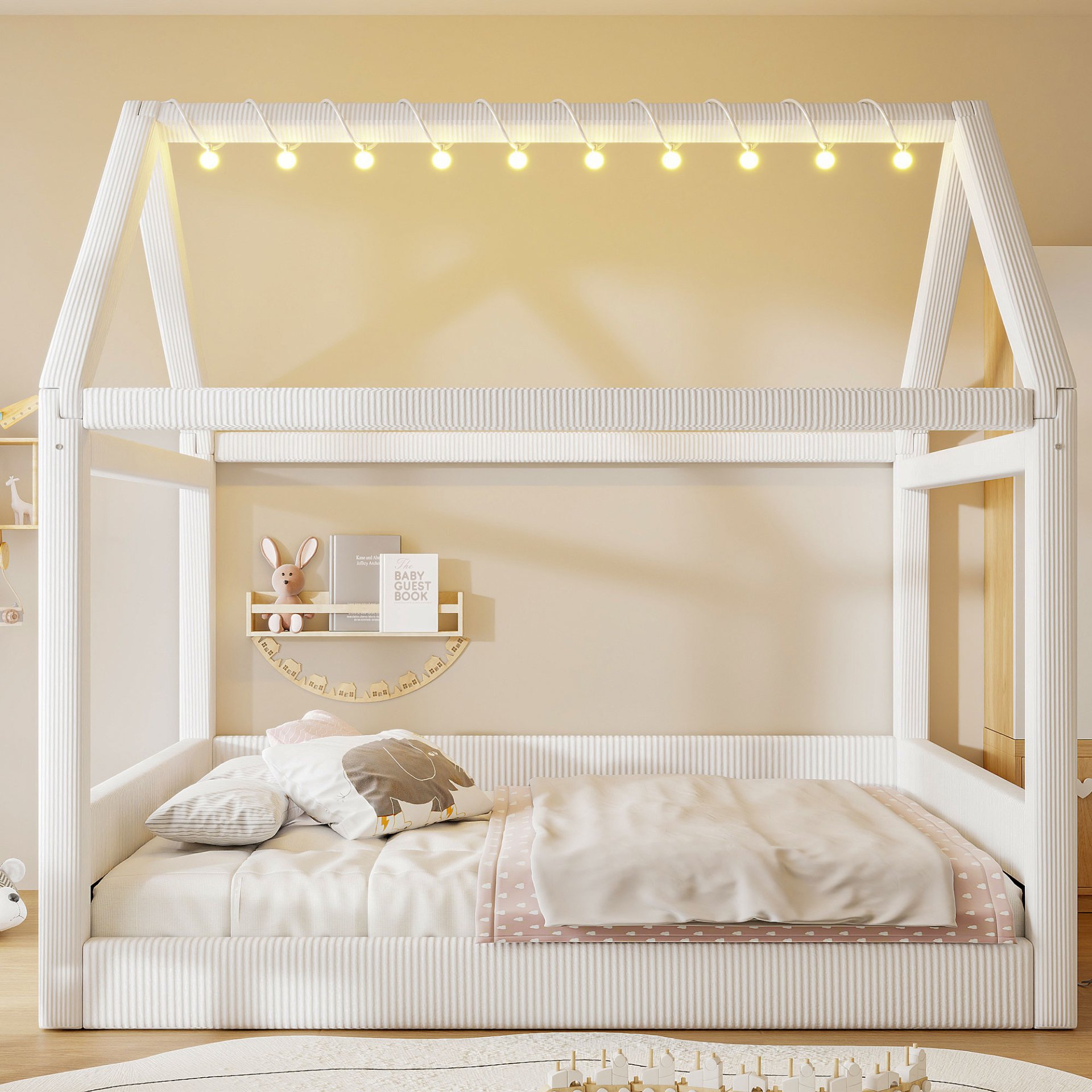 Full Size Upholstered House Style Daybed With LED Light Strips - Beige - Image 5