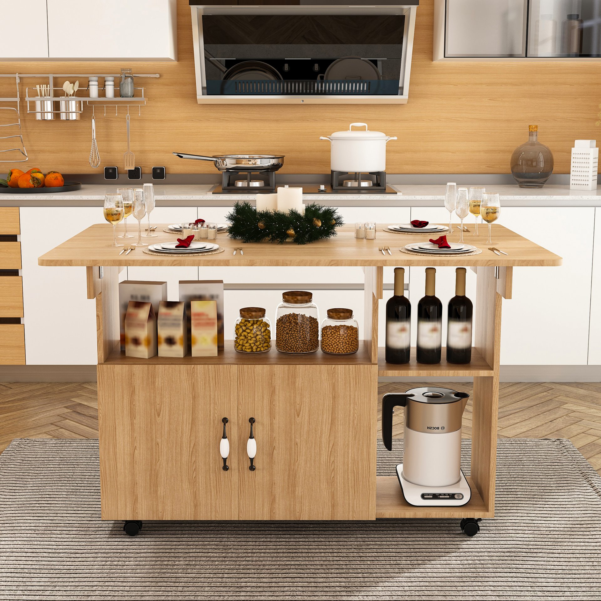 Multifunctional Folding Table With Storage Shelves And Wheels, Compact Desk For Kitchen - Walnut - Image 13