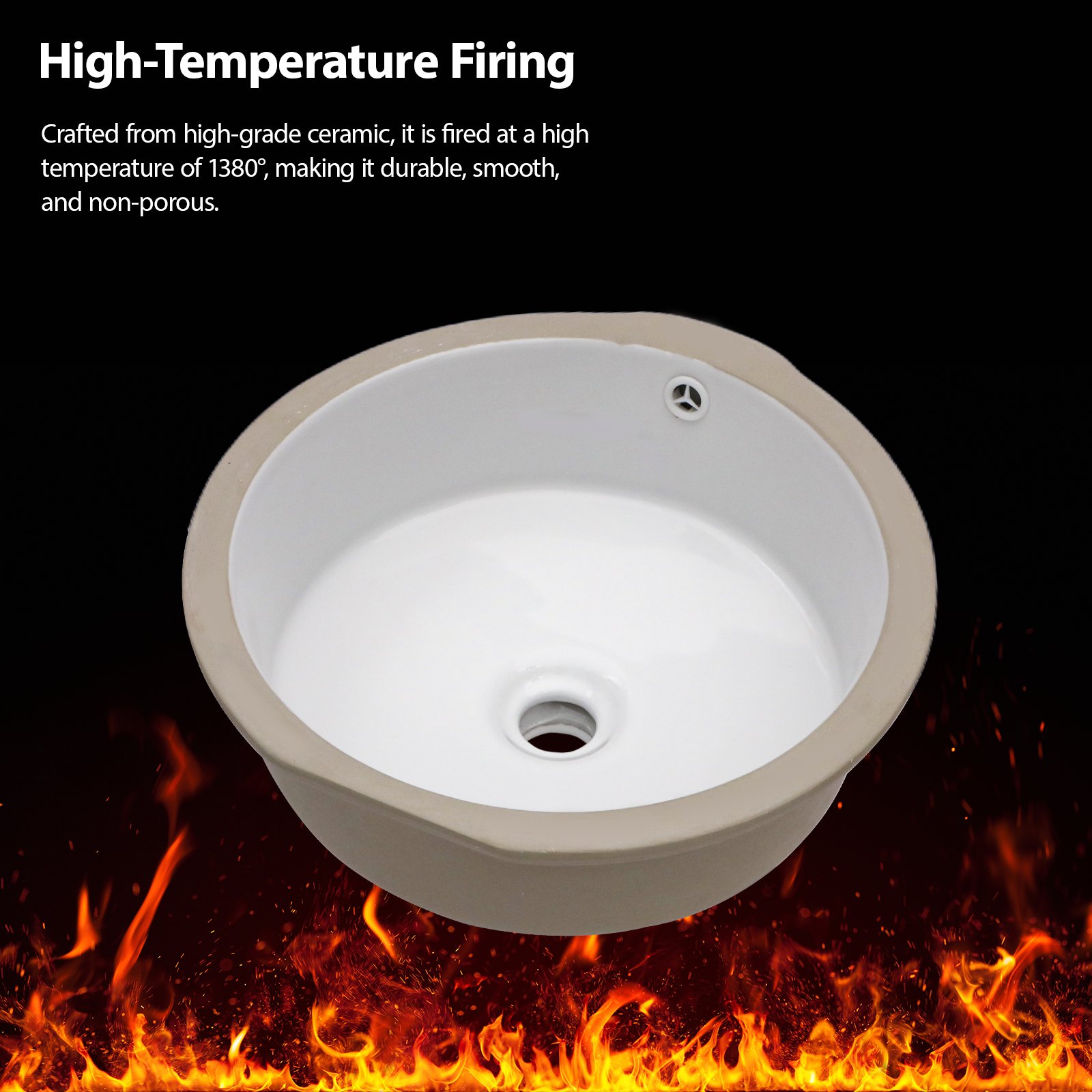 Ceramic Round Undermount Bathroom Sink With Overflow, European Style - White - Image 7