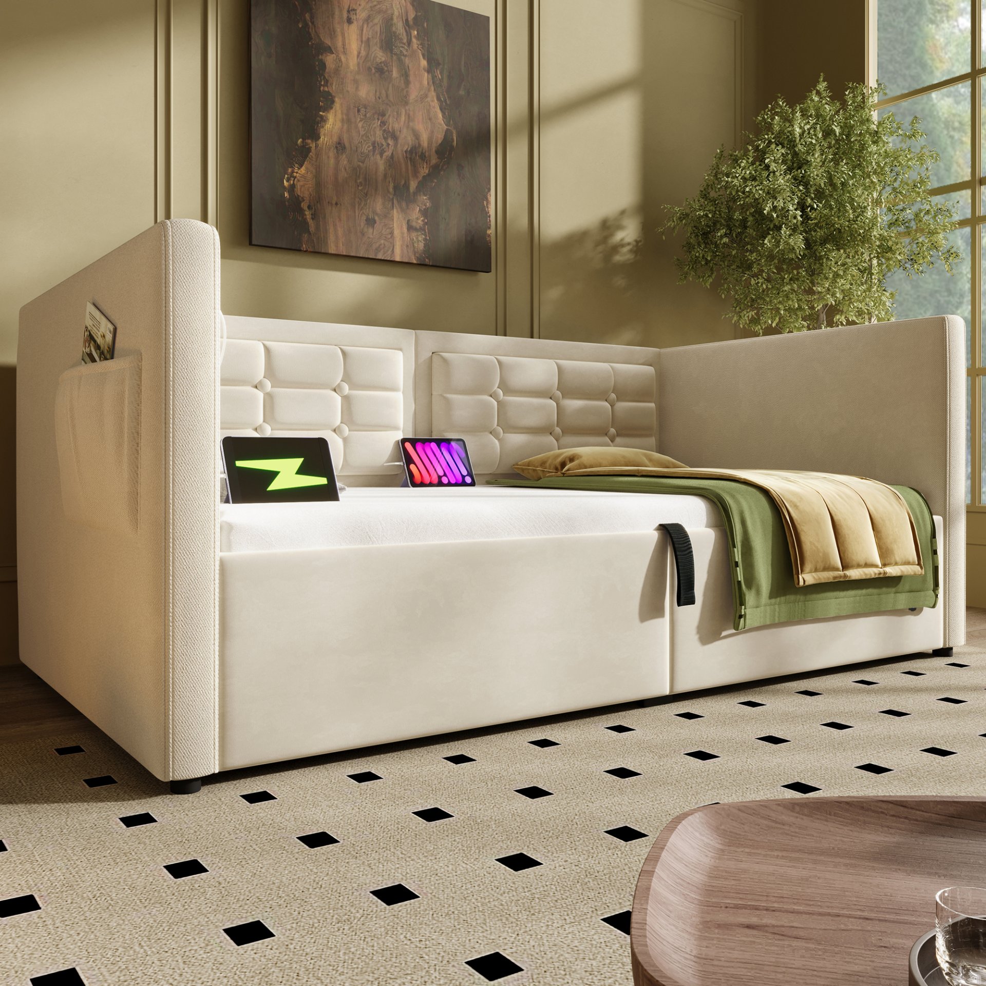 Twin Size Upholstered Hydraulic Storage Daybed With USB & Type C Charging - Beige - Image 14
