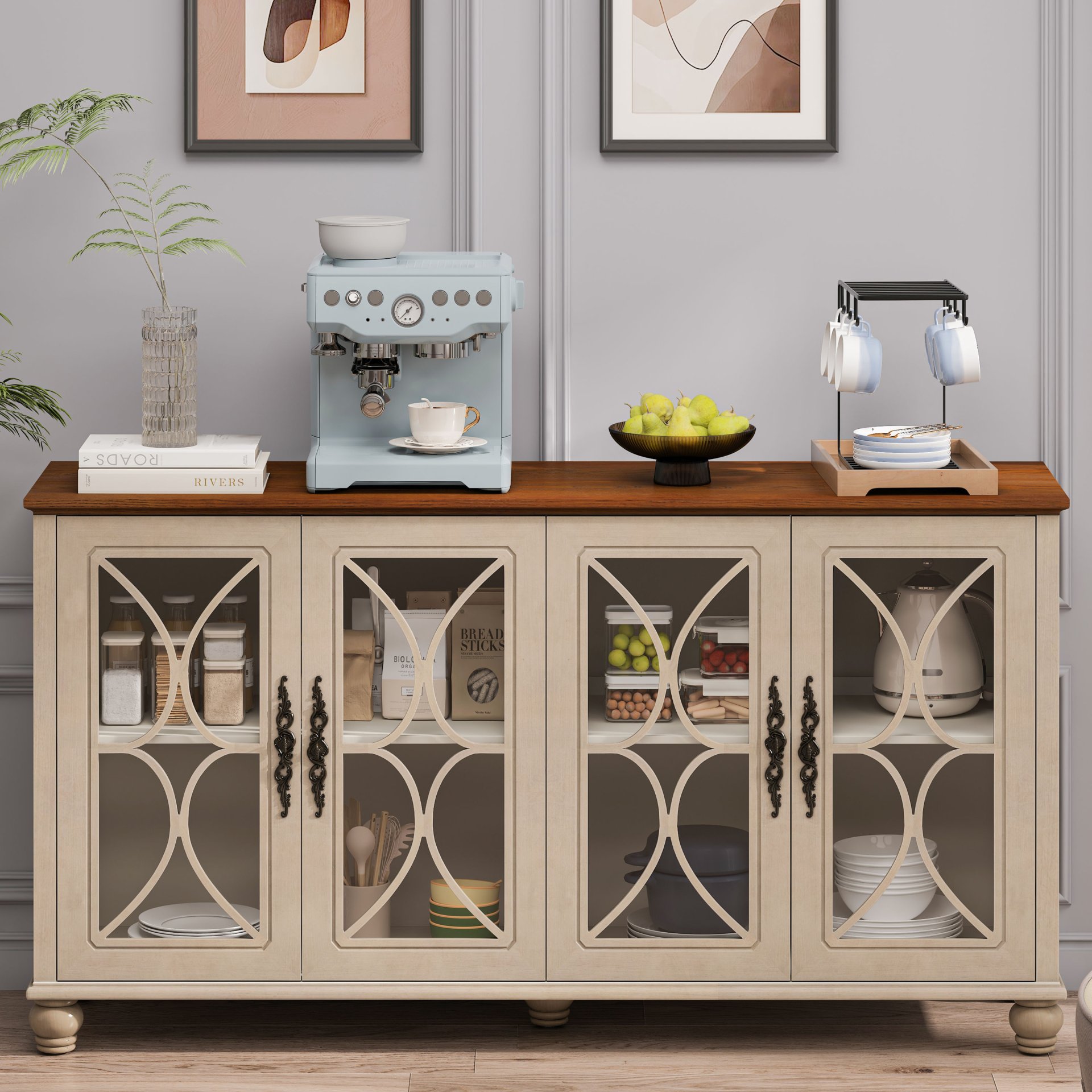 Elegant 4 Door Cabinet With Tempered Glass Doors - Beige - Image 7