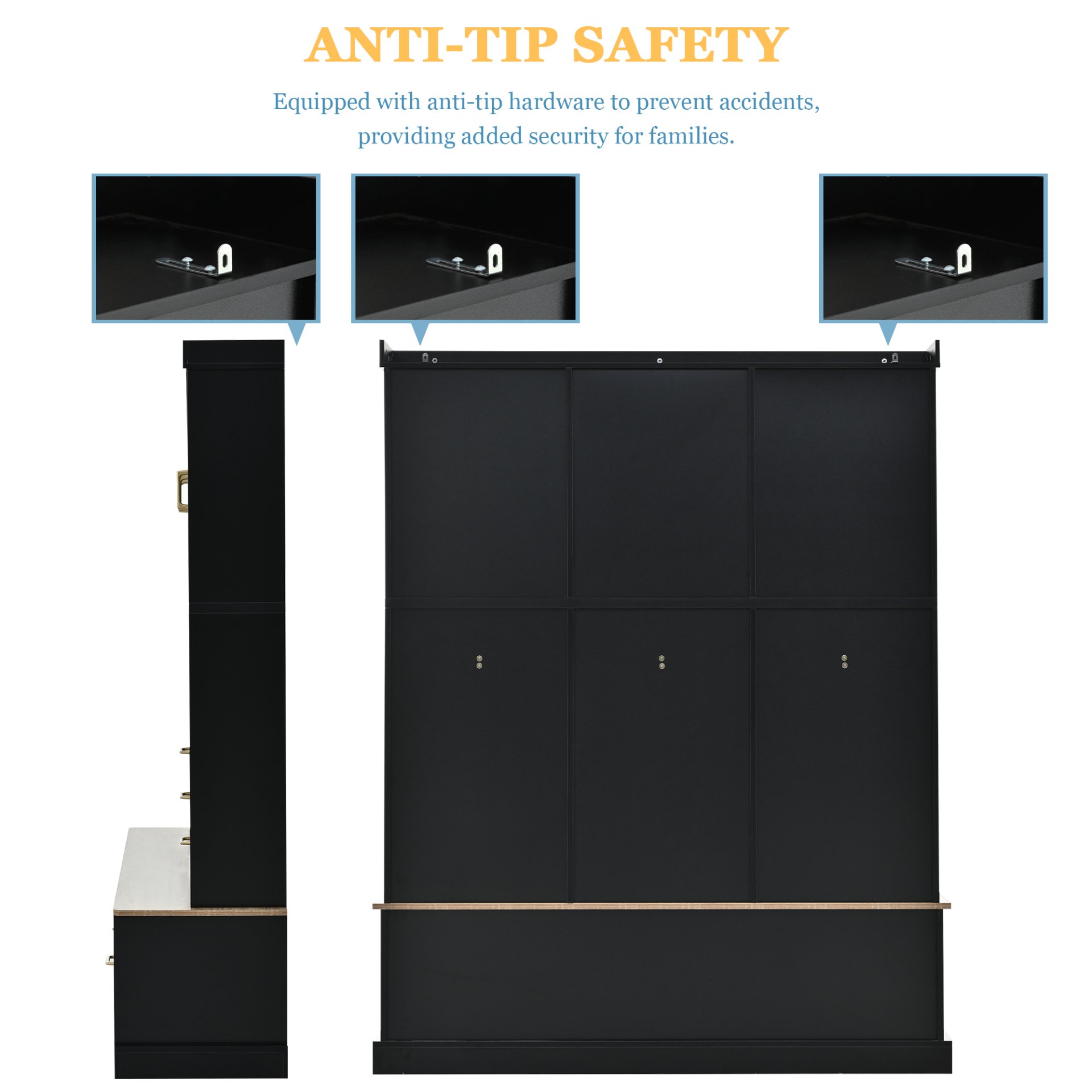 Entryway Hall Tree With Bench And Storage, 5 In 1 Coat Rack, 6 Drawers, 3 Cabinets And 3 Tier Top Storage - Black - Image 9