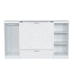 Twin Size Murphy Bed With Bedside Shelves And Wardrobe - White
