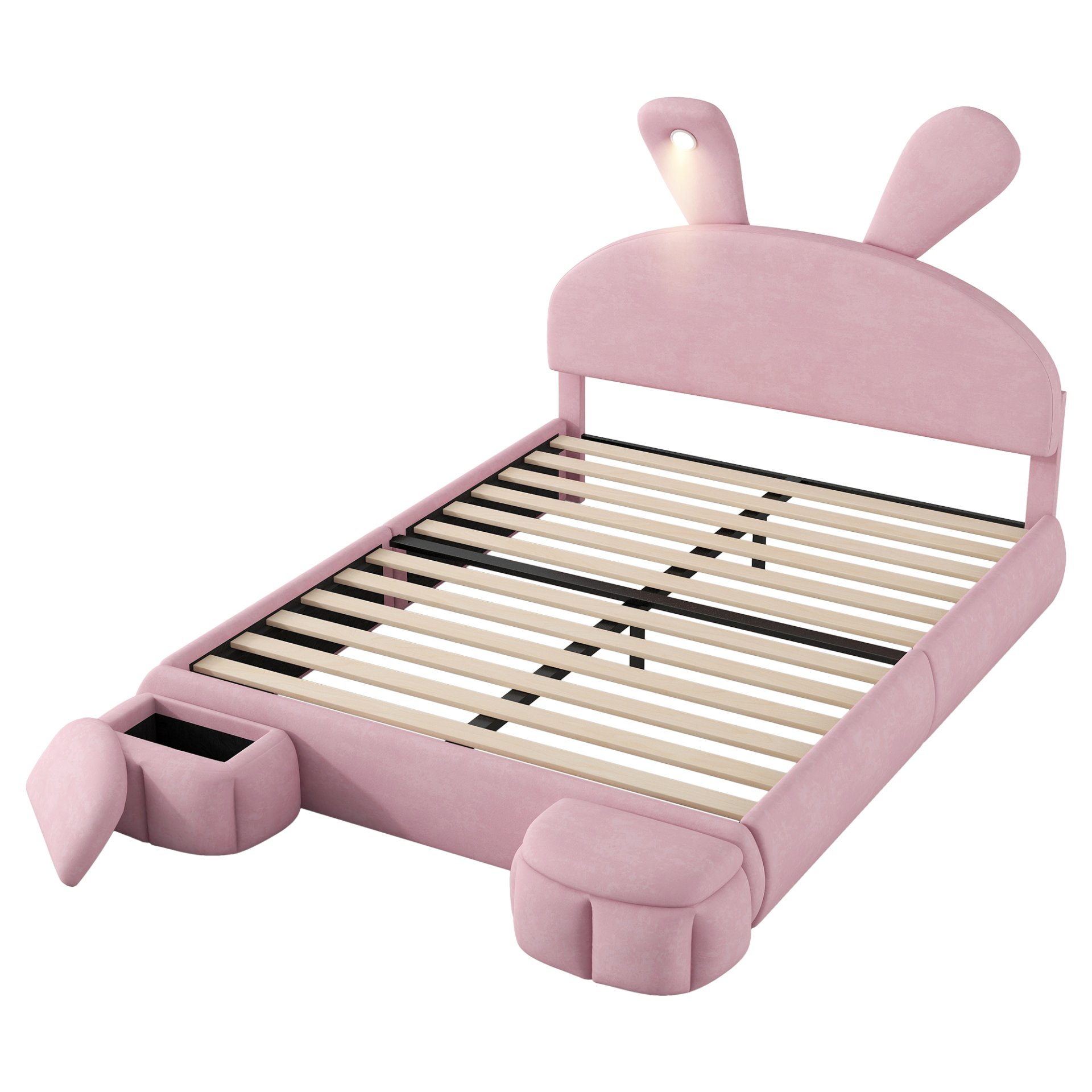 Full Size Upholstered Platform Bed With Cartoon Ears Headboard And Built In LED Light - Pink - Image 10
