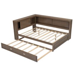 Full Size Daybed With Storage Shelves, LED, USB, And Trundle - Wood