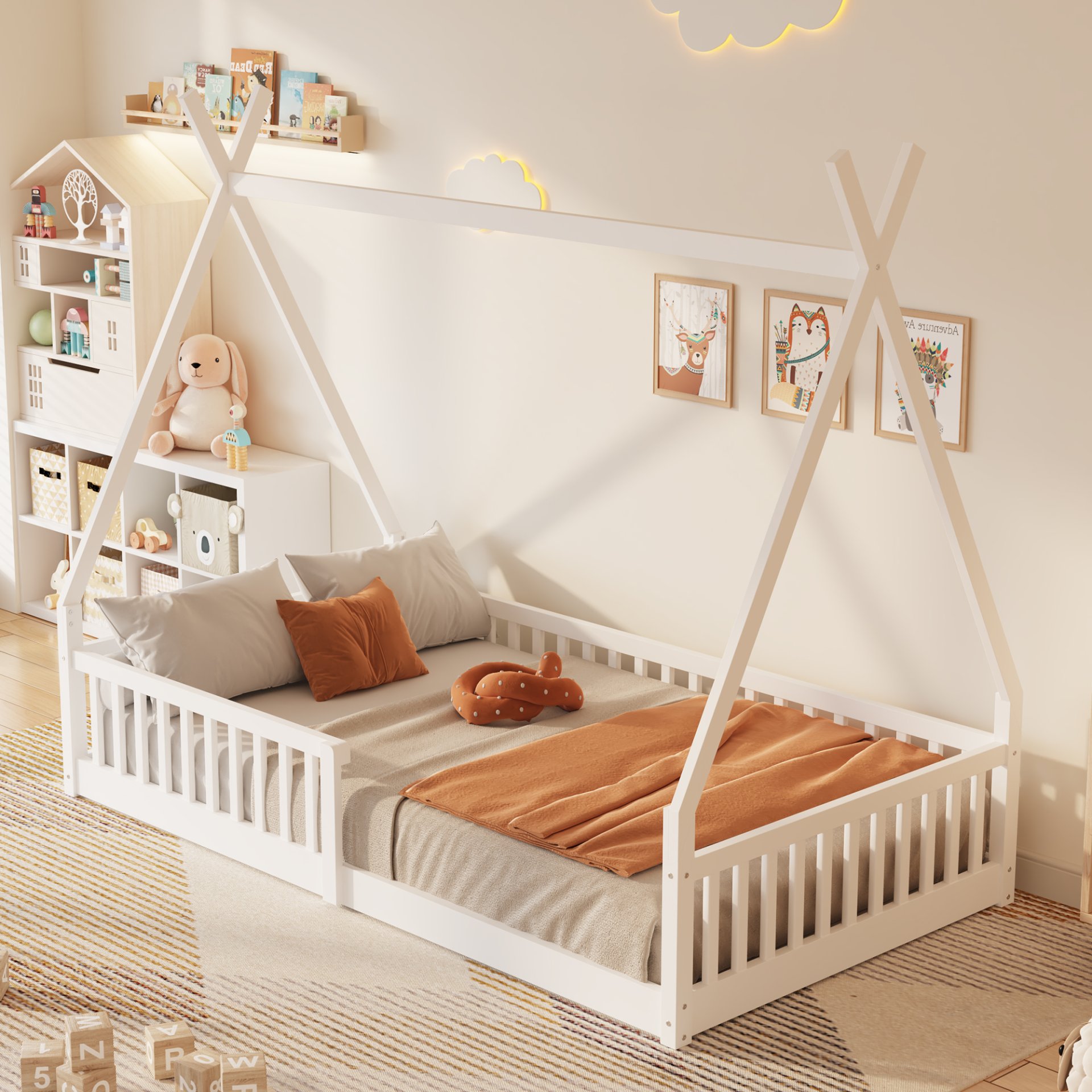 Twin Size House Bed & Fence - White - Image 4