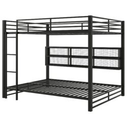 Queen Over Queen Bunk Bed With Storage Cabinets And LED Sturdy Frame, 6 Storage Units, Adjustable LED Lights - Black